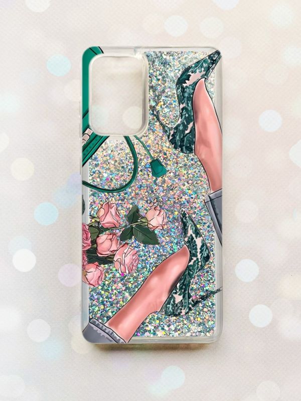 Чохол з плаваючими блискітками на Samsung Galaxy A52 (A525) Срібний :: Туфельки і квіти (принт 225)