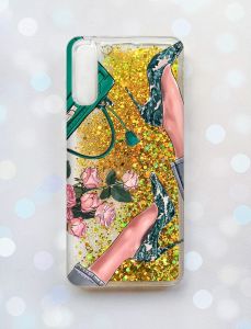 Чохол з плаваючими блискітками на Samsung Galaxy A50 (2019) A505F Золотий :: Туфельки і квіти (принт 225)