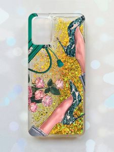 Чохол з плаваючими блискітками для Samsung Galaxy A03s (A037) Золотий :: Туфельки і квіти (принт 225)