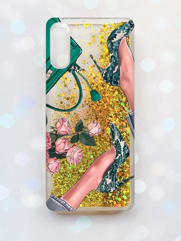 Чохол з плаваючими блискітками Samsung Galaxy A02 / A022 (2021) Золотий :: Туфельки і квіти (принт 225)