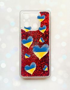 Чохол з плаваючими блискітками на Xiaomi Redmi 12C Червоний :: Сердечка. Україна (принт 258)