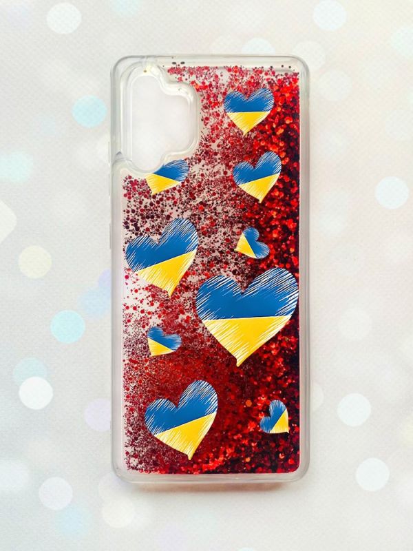 Чохол з плаваючими блискітками Samsung Galaxy A32 Червоний :: Сердечка. Україна (принт 258)