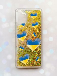 Чохол з плаваючими блискітками Samsung Galaxy A32 Золотий :: Сердечка. Україна (принт 258)