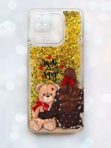 Чохол з плаваючими блискітками на Xiaomi Redmi 10С Золотий :: Дівчина з ведмедиком (принт 188)