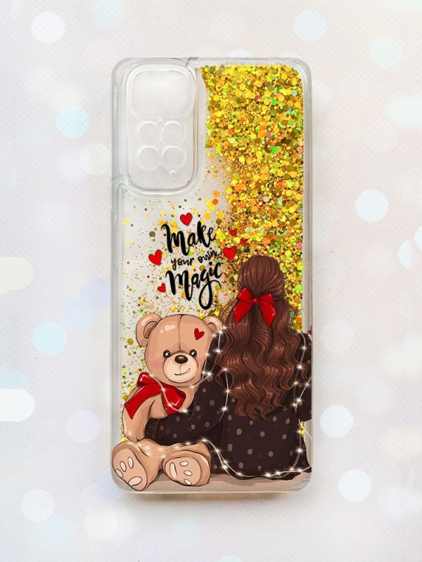 Чохол з плаваючими блискітками на Xiaomi Redmi Note 11 Золотий :: Дівчина з ведмедиком (принт 188)