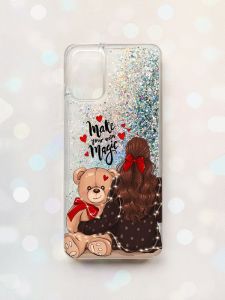 Чохол з плаваючими блискітками для Samsung Galaxy A03s (A037) Срібний :: Дівчина з ведмедиком (принт 188)