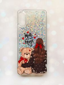 Чохол з плаваючими блискітками Samsung Galaxy A02 / A022 (2021) Срібний :: Дівчина з ведмедиком (принт 188)