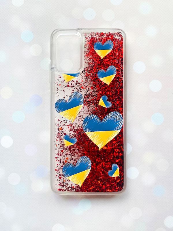 Чохол з плаваючими блискітками для Samsung Galaxy A03s (A037) Червоний :: Сердечка. Україна (принт 258)