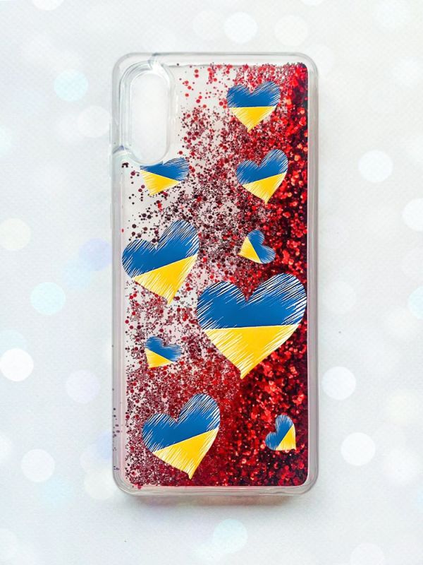 Чохол з плаваючими блискітками Samsung Galaxy A02 / A022 (2021) Червоний :: Сердечка. Україна (принт 258)