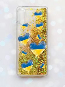 Чохол з плаваючими блискітками Samsung Galaxy A02 / A022 (2021) Золотий :: Сердечка. Україна (принт 258)