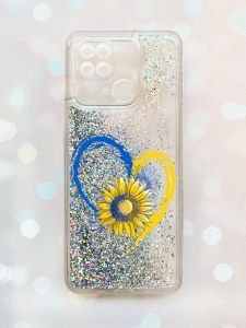 Чохол з плаваючими блискітками на Xiaomi Redmi 10С Срібний :: Серце з соняхом (принт 260)