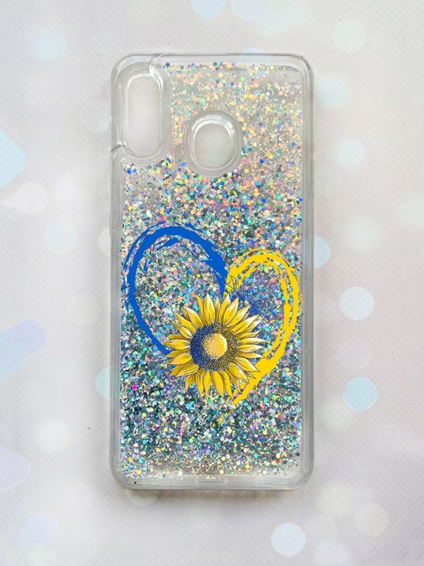 Чохол з плаваючими блискітками на Samsung Galaxy А30(2019) А305/A20 Срібний :: Серце з соняхом (принт 260)