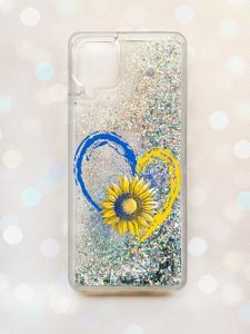 Чохол з плаваючими блискітками Samsung Galaxy A12 Срібний :: Серце з соняхом (принт 260)
