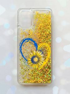 Чохол з плаваючими блискітками для Samsung Galaxy A03s (A037) Золотий :: Серце з соняхом (принт 260)