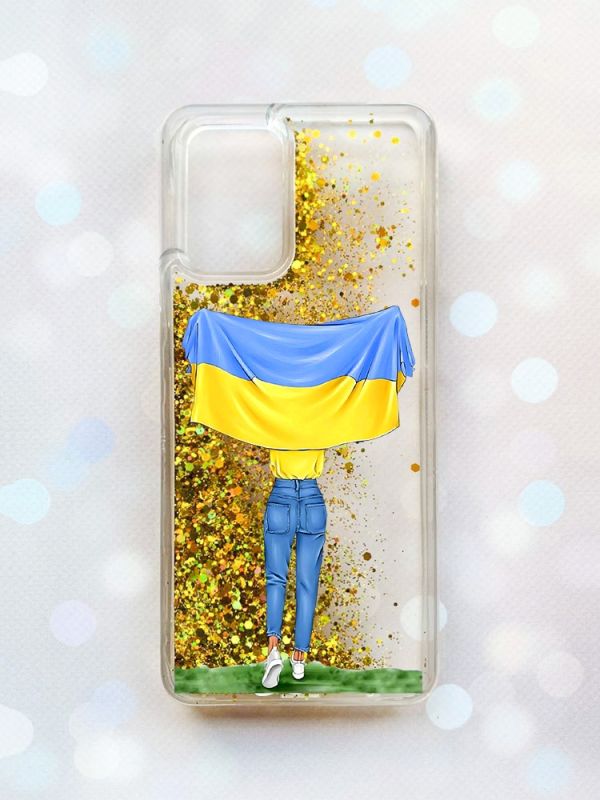 Чохол з плаваючими блискітками на Oppo A74 Золотий :: Дівчина з прапором (принт 263)