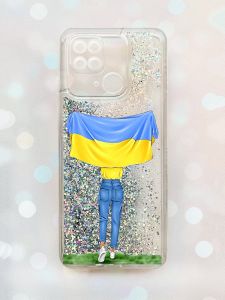 Чохол з плаваючими блискітками на Xiaomi Redmi 10С Срібний :: Дівчина з прапором (принт 263)
