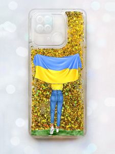 Чохол з плаваючими блискітками на Xiaomi Redmi 10С Золотий :: Дівчина з прапором (принт 263)