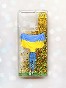 Чохол з плаваючими блискітками на Xiaomi Redmi 12C Золотий :: Дівчина з прапором (принт 263)