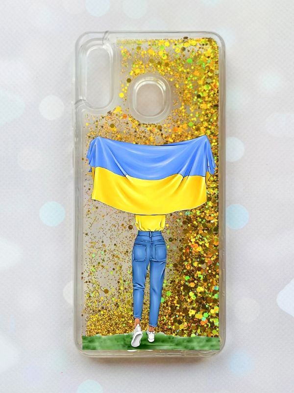 Чохол з плаваючими блискітками на Samsung Galaxy А30(2019) А305/A20 Золотий :: Дівчина з прапором (принт 263)