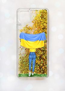 Чохол з плаваючими блискітками Samsung A12 Золотий :: Дівчина з прапором (принт 263)