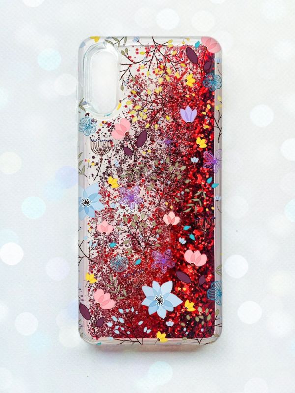 Чохол з плаваючими блискітками Samsung Galaxy A02 / A022 (2021) Червоний :: Квітковий фон (принт 267)
