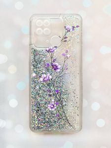 Чохол з плаваючими блискітками на Xiaomi Redmi 10С Срібний :: Гілочка квітів (принт 278)