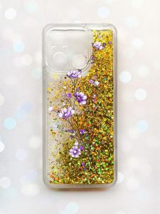 Чохол з плаваючими блискітками на Xiaomi Redmi 12C Золотий :: Гілочка квітів (принт 278)