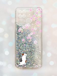 Чохол з плаваючими блискітками на Xiaomi Redmi 10С Срібний :: Котик і сакура (принт 283)