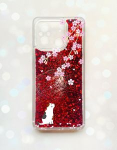 Чохол з плаваючими блискітками на Xiaomi Redmi 12C Червоний :: Котик і сакура (принт 283)
