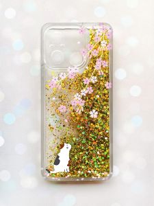Чохол з плаваючими блискітками на Xiaomi Redmi 12C Золотий :: Котик і сакура (принт 283)