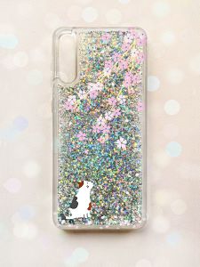 Чохол з плаваючими блискітками на Samsung Galaxy A50 (2019) A505F Срібний :: Котик і сакура (принт 283)