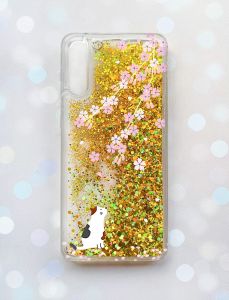 Чохол з плаваючими блискітками на Samsung Galaxy A50 (2019) A505F Золотий :: Котик і сакура (принт 283)