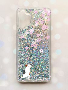 Чохол з плаваючими блискітками Samsung Galaxy A32 Срібний :: Котик і сакура (принт 283)