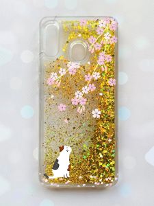 Чохол з плаваючими блискітками на Samsung Galaxy А30(2019) А305/A20 Золотий :: Котик і сакура (принт 283)