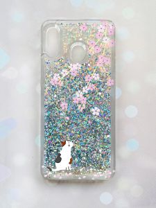 Чохол з плаваючими блискітками на Samsung Galaxy А30(2019) А305/A20 Срібний :: Котик і сакура (принт 283)