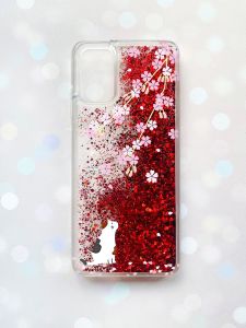 Чохол з плаваючими блискітками для Samsung Galaxy A03s (A037) Червоний :: Котик і сакура (принт 283)