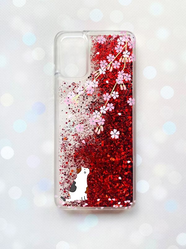 Чохол з плаваючими блискітками для Samsung Galaxy A03s (A037) Червоний :: Котик і сакура (принт 283)