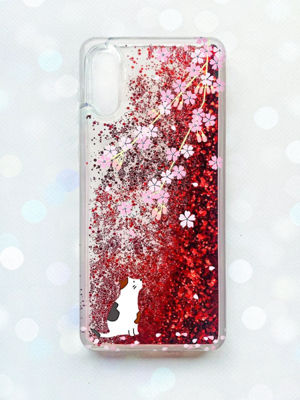 Чохол з плаваючими блискітками Samsung Galaxy A02 / A022 (2021) Червоний :: Котик і сакура (принт 283)