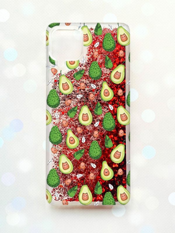 Чохол з плаваючими блискітками Samsung Galaxy A12 Червоний :: Авокадо з котиками (принт 301)