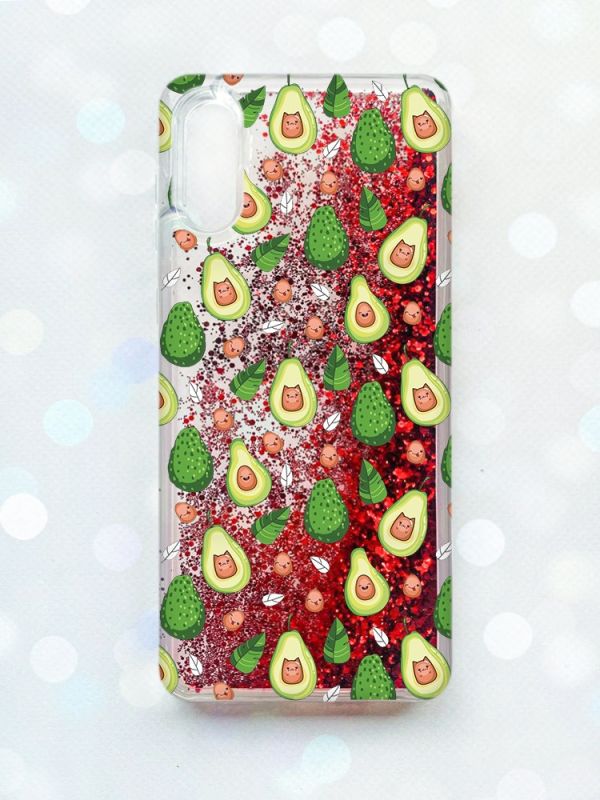Чохол з плаваючими блискітками Samsung Galaxy A02 / A022 (2021) Червоний :: Авокадо з котиками (принт 301)