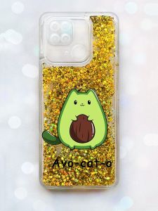 Чохол з плаваючими блискітками на Xiaomi Redmi 10С Золотий :: Котик Авокадо (принт 306)