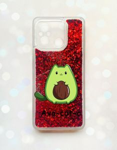 Чохол з плаваючими блискітками на Xiaomi Redmi 12C Червоний :: Котик Авокадо (принт 306)