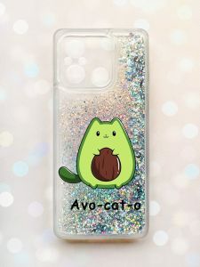Чохол з плаваючими блискітками на Xiaomi Redmi 12C Срібний :: Котик Авокадо (принт 306)