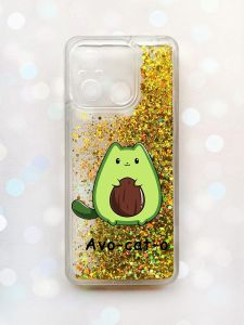 Чохол з плаваючими блискітками на Xiaomi Redmi 12C Золотий :: Котик Авокадо (принт 306)