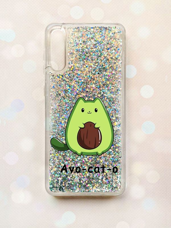 Чохол з плаваючими блискітками на Samsung Galaxy A50 (2019) A505F Срібний :: Котик Авокадо (принт 306)