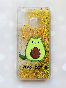 Чохол з плаваючими блискітками на Samsung Galaxy А30(2019) А305/A20 Золотий :: Котик Авокадо (принт 306)