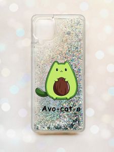 Чохол з плаваючими блискітками Samsung Galaxy A12 Срібний :: Котик Авокадо (принт 306)