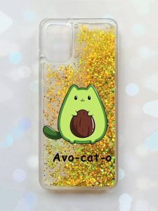Чохол з плаваючими блискітками для Samsung Galaxy A03s (A037) Золотий :: Котик Авокадо (принт 306)