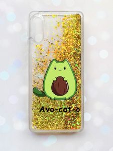 Чохол з плаваючими блискітками Samsung Galaxy A02 / A022 (2021) Золотий :: Котик Авокадо (принт 306)