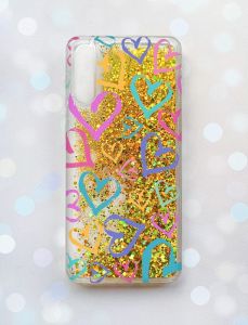 Чохол з плаваючими блискітками на Samsung Galaxy A50 (2019) A505F Золотий :: Різнокольорові сердечка (принт 332)